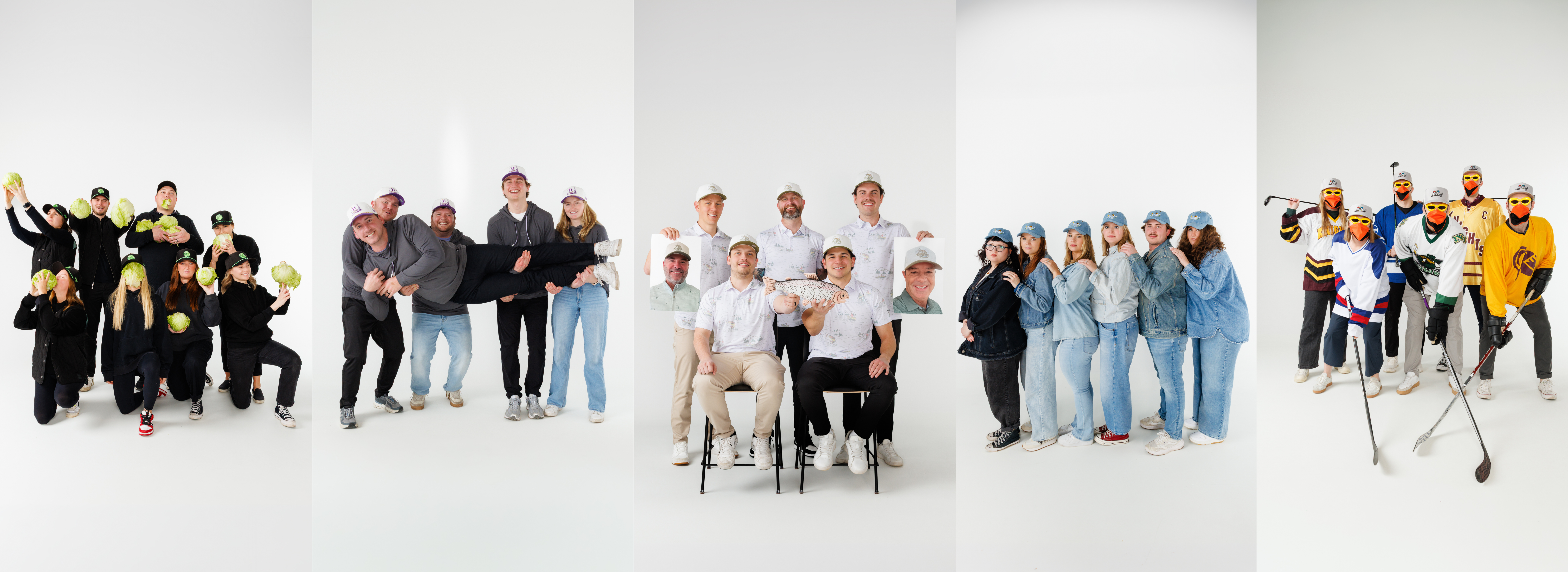 Collage of Clash of the Caps teams dressed in outfits to match each hat.