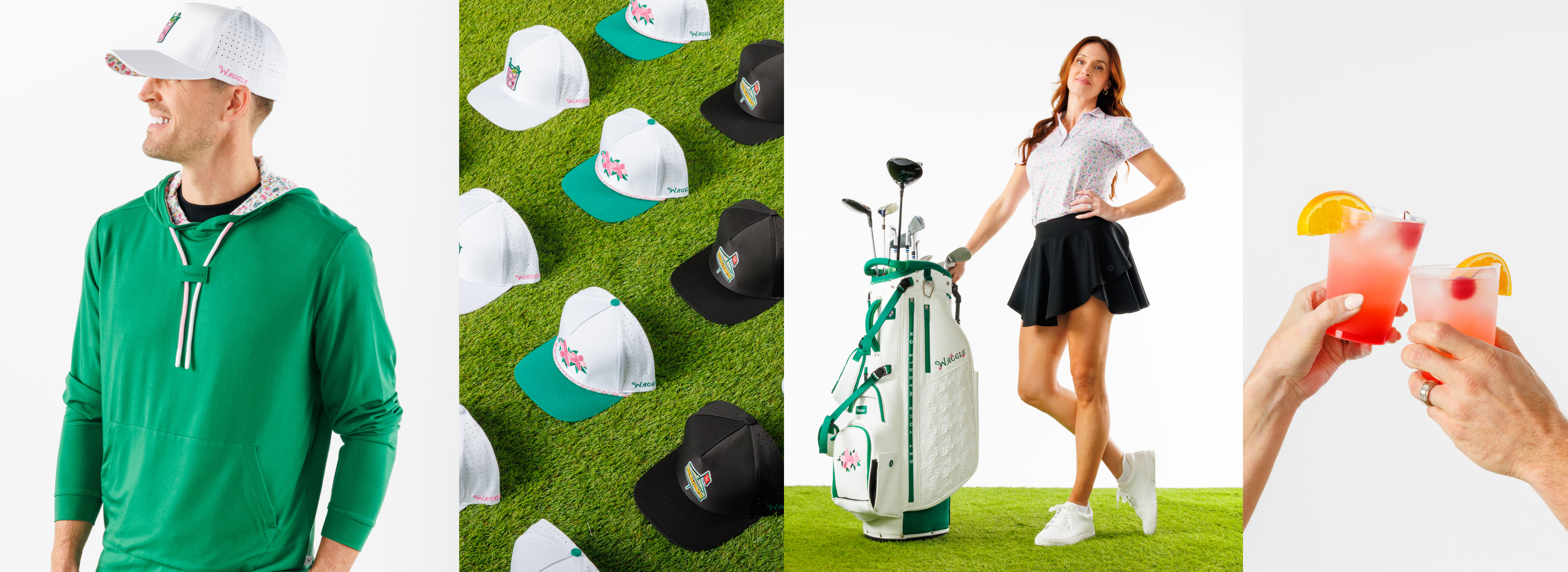 Azalea-themed collage with a man wearing a hoodie, golf hats, a golf bag, a woman in a skirt, and a drink.