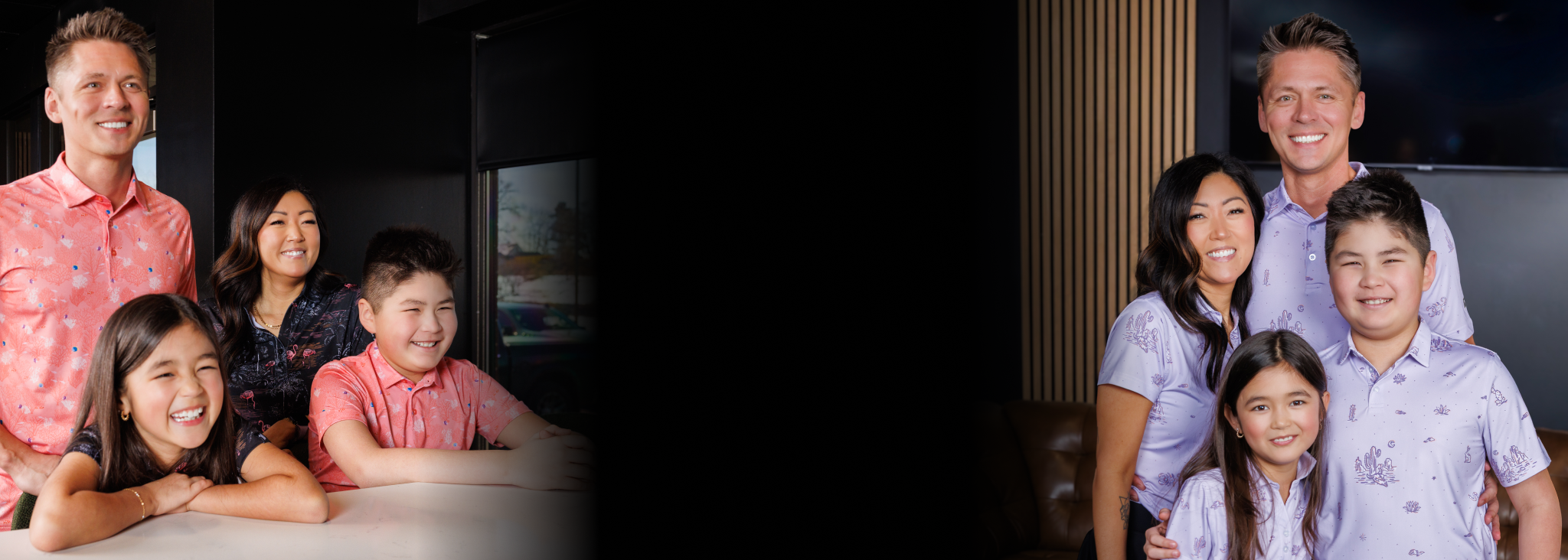 Two side-by-side images of a family in matching polos, posing together indoors.