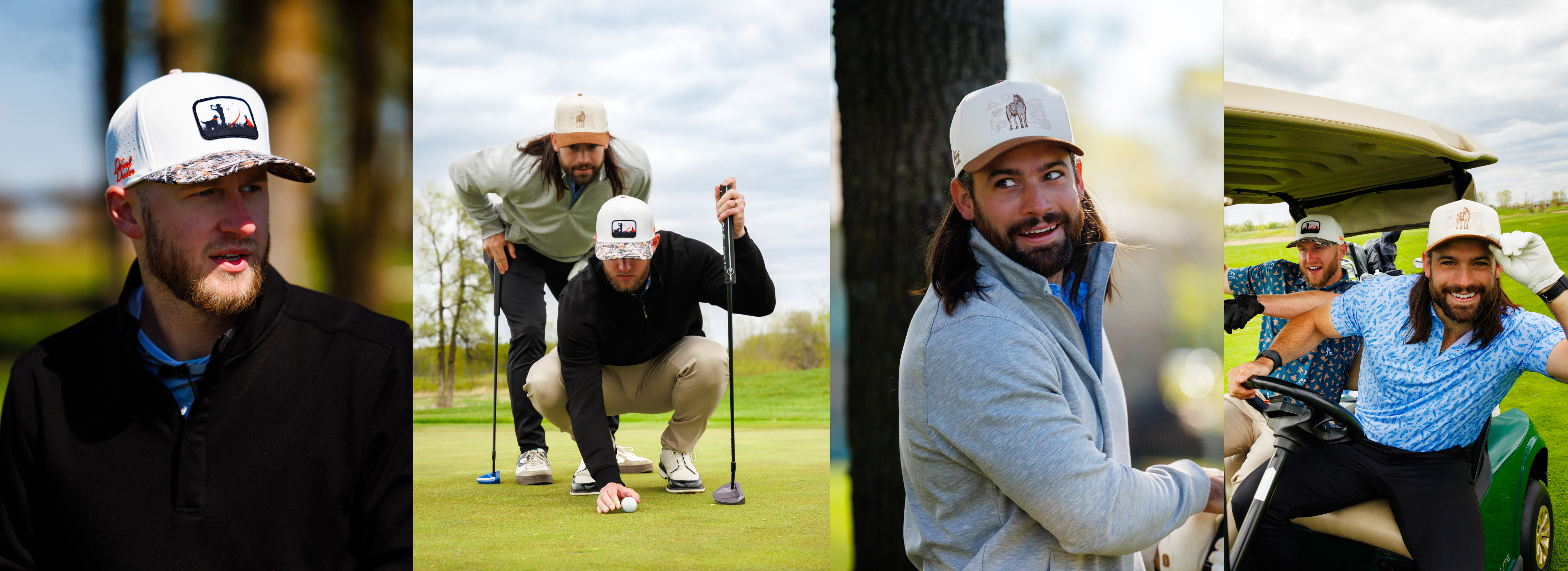 Collage of two men playing golf with various poses and settings.