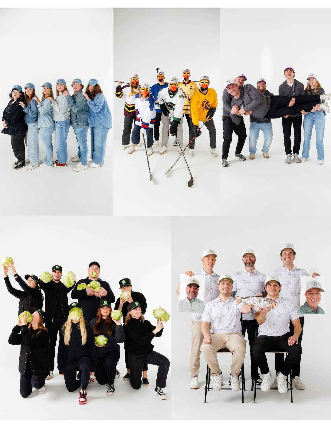 Mobile collage of Clash of the Caps teams dressed in outfits to match each hat.