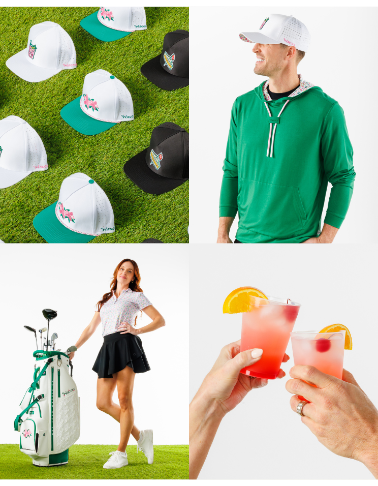 Azalea-themed collage with a man wearing a hoodie, golf hats, a golf bag, a woman in a skirt, and a drink.