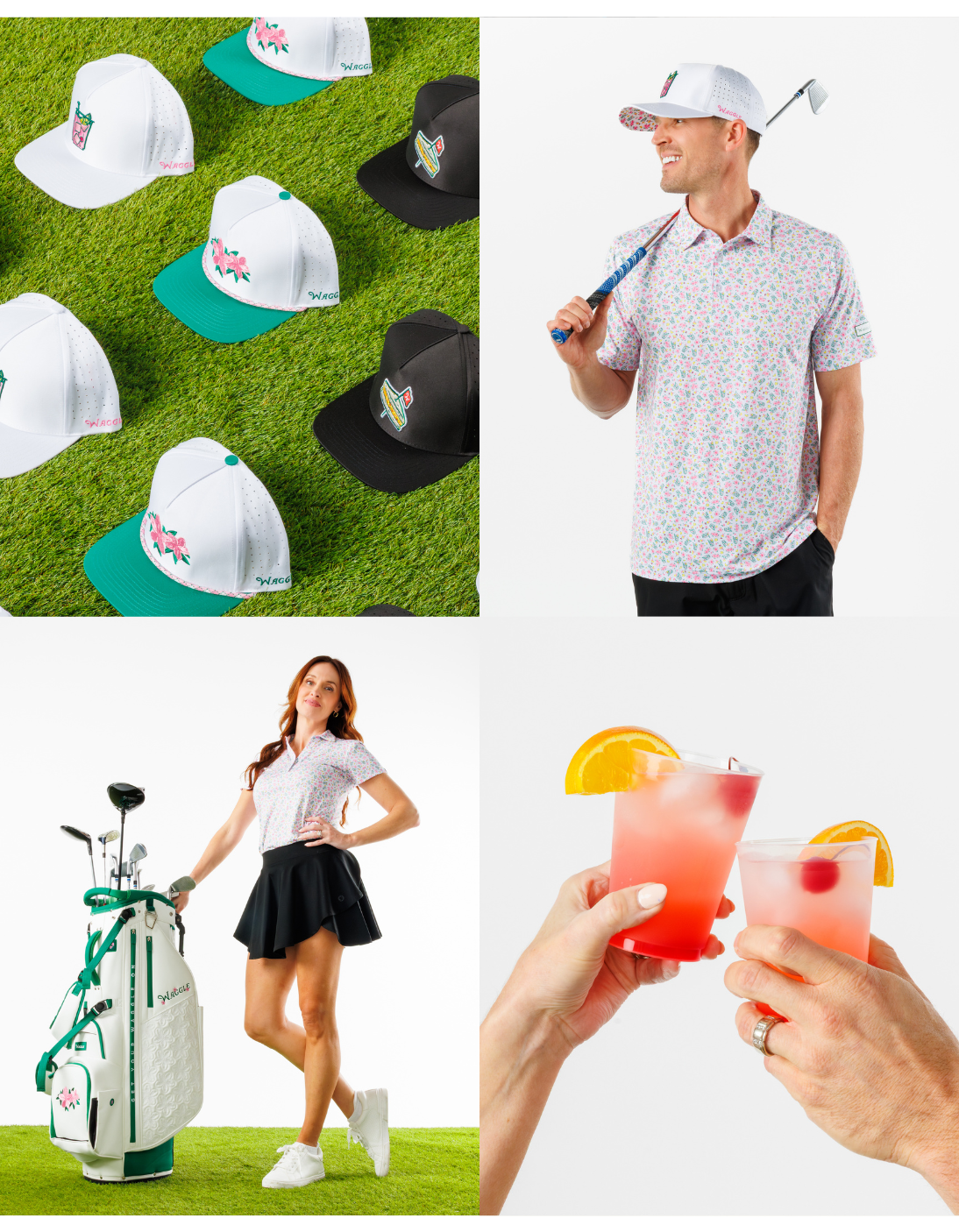 Collage of azalea-themed products including hats, a golf bag, and drinks.