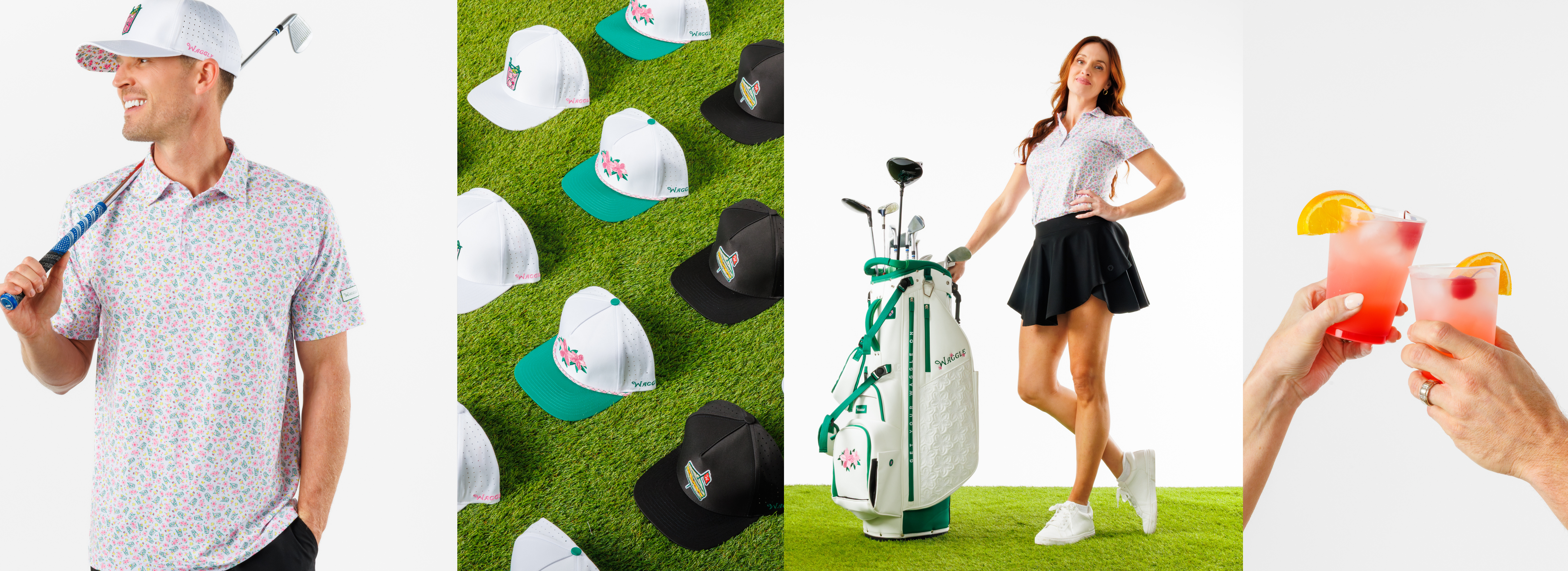 Azalea-themed collage with a man holding a club, golf hats, a golf bag, a woman in a skirt, and a drink.