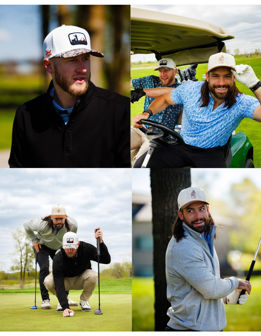 Collage of two men playing golf with various poses and settings.